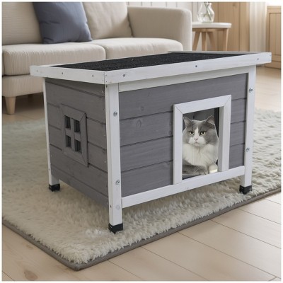 LAOTIES Wooden Outdoor Cat House,Weatherproof Feral Cat Shelter with Asphalt Roof,PVC Flap And Raised Floor for Rabbits And Small Pets