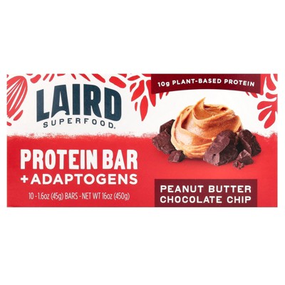 Laird Superfood Protein Bar + Adaptogens, Peanut Butter Chocolate Chip, 10 Bars, 1.6 oz (45 g) Each