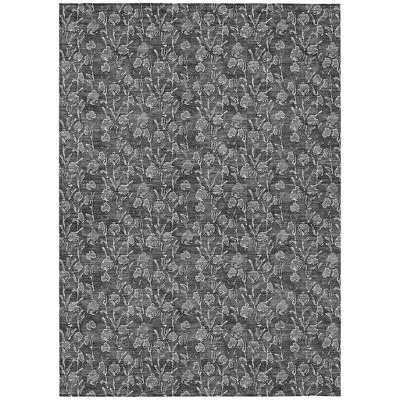 Gray Charcoal And Silver Floral Washable Indoor Outdoor Area Rug