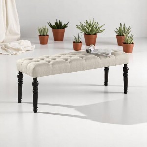 Mshliw 48" Tufted Fabric Dining Bench with Turned Wood Legs, Upholstered Entryway or Bedroom Bench for Dining Room Seating, Classic Modern Style - 1 of 4