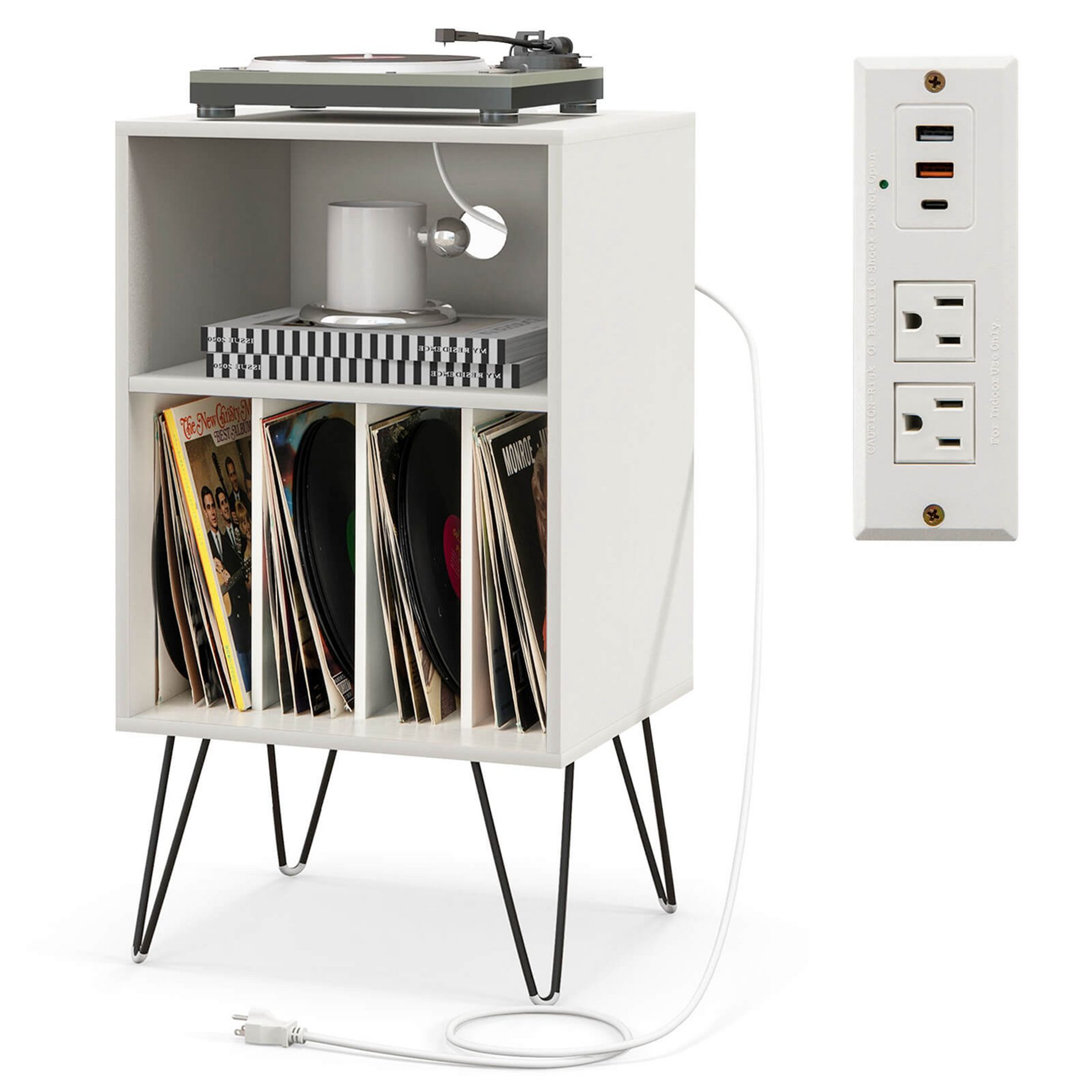 Costway 3-Tier Record Player Stand with Charging Station Shelf & 4 Dividers for Bedroom