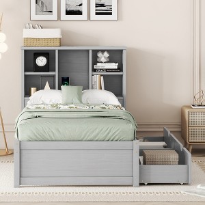 TiramisuBest Modern Twin Size Bed Frame with Bookcase Headboard, Built-in USB Port & 2 Drawers, Walnut - 1 of 4