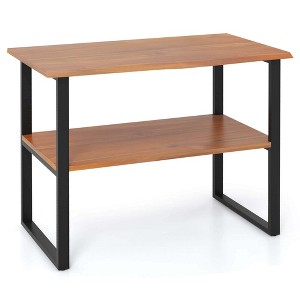 Costway 2-Tier Teak Bathroom Storage Shelf Freestanding Wooden Bookshelf for Living Room - 1 of 4