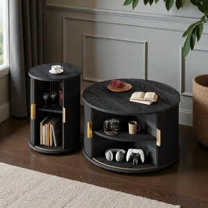 Mshliw Mid-Century 2-Piece Coffee Table Set with Fluted Tambour Doors & Gold Handles, Round Wood Veneer Side Tables for Living Room - 1 of 4