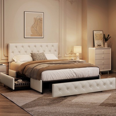 Yaheetech Upholstered Bedframe with Diamond Button Tufted Adjustable Headboard and 3 Storage Drawers