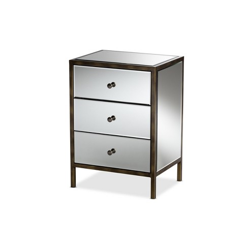Nouria Mirrored 3 Drawer Nightstand Bedside Table Silver