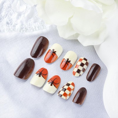 LOVELAY CREATIONS Halloween Short Almond Press-On Nails with Pumpkin Design