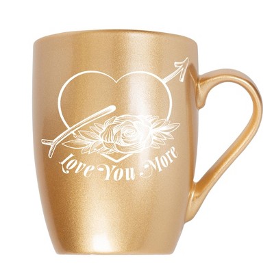 Elanze Designs Romantic Floral Valentines Coffee Cup Mug 10 Ounce Ceramic With Shimmery Metallic Finish Love You More Arrow Heart and Rose Vegas Gold