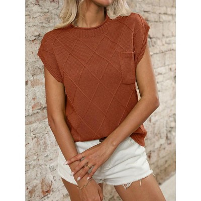 Garvee Womens Cotton Round Neck with Pocket Decoration Diamond Plaid Puff Short Sleeve Spring Lightweight Sweater