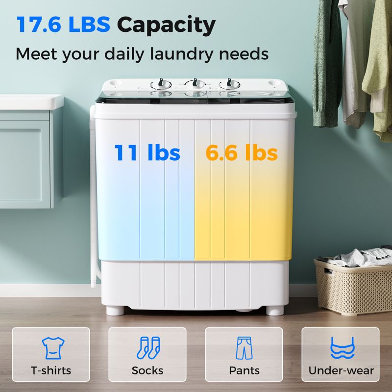Costway Portable Washing Machine 17.6 lbs Twin Tub Laundry Washer with Drain Pump Blue/Grey, 5 of 11