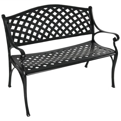 Sunnydaze 2-Person Checkered Design Cast Aluminum Outdoor Patio Bench, Black