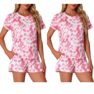 INSPIRE CHIC Women's 2Pcs Pajama Set Round Neck Short Sleeve Top and Drawstring Shorts Loungewear Set - 1 of 4
