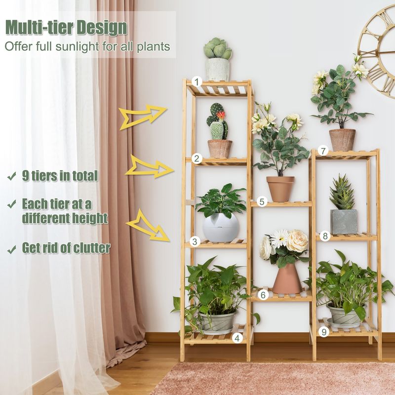 Costway Bamboo 9-Tier Plant Stand Utility Shelf Free Standing Storage Rack Pot Holder, 3 of 13