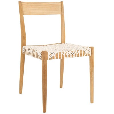 Set of 2 White Woven Leather and Teak Dining Chairs