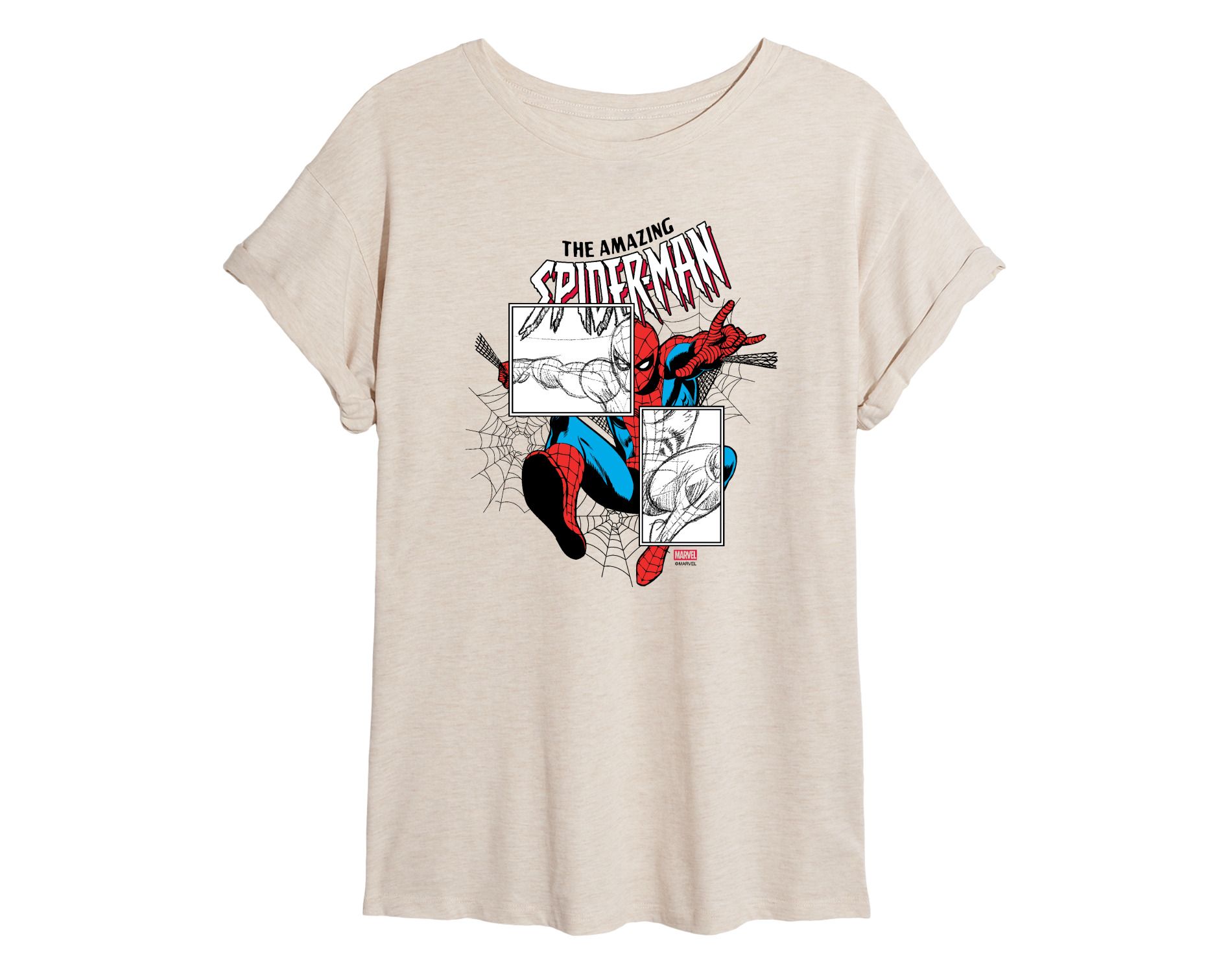 Women's Marvel Spiderman Sketch Blocks Oversized Graphic T-Shirt - Birch - Small