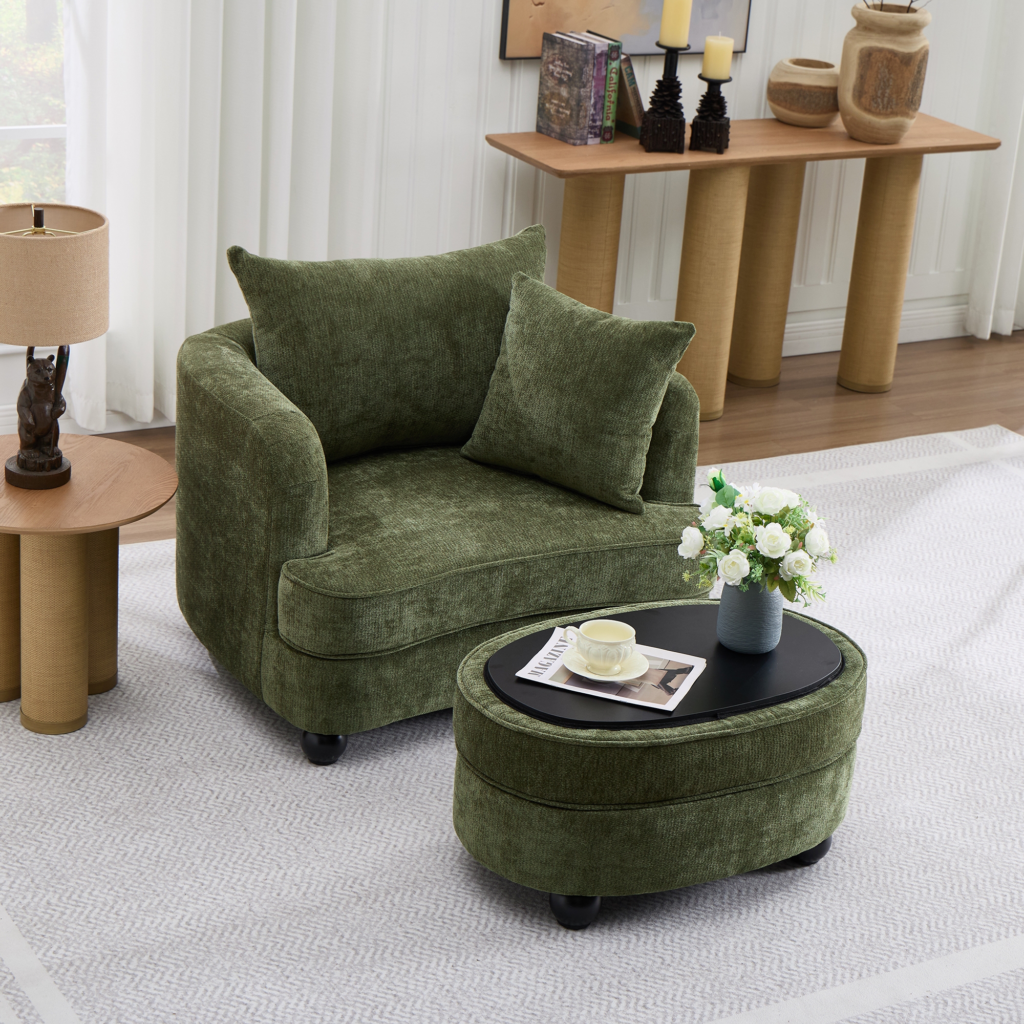 ModernLuxe Oversized Accent Chair with Storage Ottoman, Chenille Upholstered Armchair, Modern Reading Chair, Green