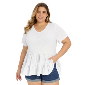 Women's Plus Size Textured Tiered Pleated V Neck Short Sleeve Casual Summer Peplum Babydoll Blouses - GRACE & GRANDEUR - 1 of 4