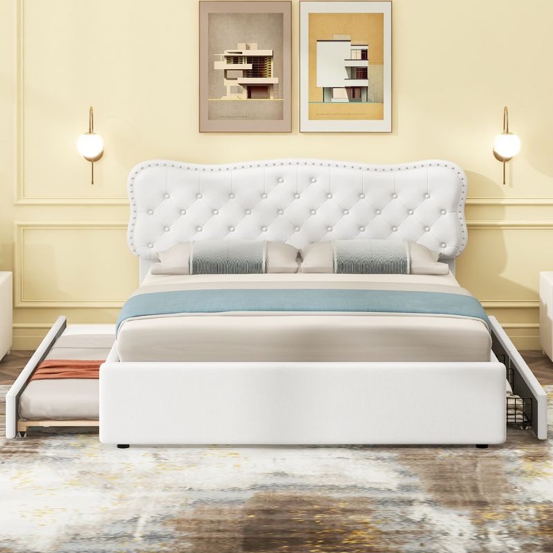 Queen/Full Size Upholstered Platform Bed with Storage Drawers and Trundle Bed, White-ModernLuxe, 2 of 13
