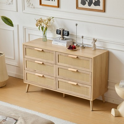 Rattan Bedroom Dresser, 6 Drawer Wood Dresser with Solid Wood Legs & Handles