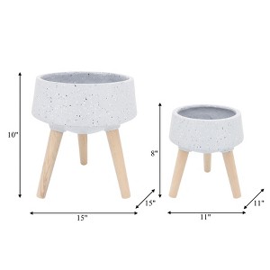 Set of 2 Modern Resin Planters with Stands - Speckled Magnesia Pots & Beech Wood Legs - Indoor/Outdoor Decorative Plant Holders - 10", 8" Gray - 1 of 4