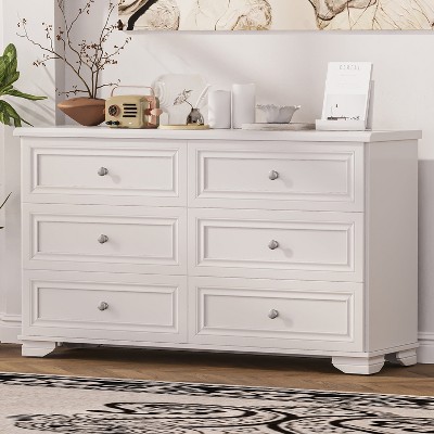 HDZNVF 6 Drawers Elegant Design Wooden Dresser, Retro Style Storage Dressers with Metal Handles for Bedroom, White