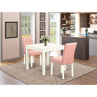 East West Furniture 3 Piece Dinette Table Set Includes A Dinner Table and 2 Beige Red Faux Leather Kitchen Chairs with Stylish Back-  White Finish