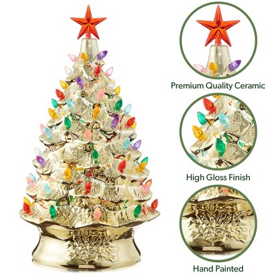 Gold Hand Painted Ceramic Christmas Tree with Multi Color Lights