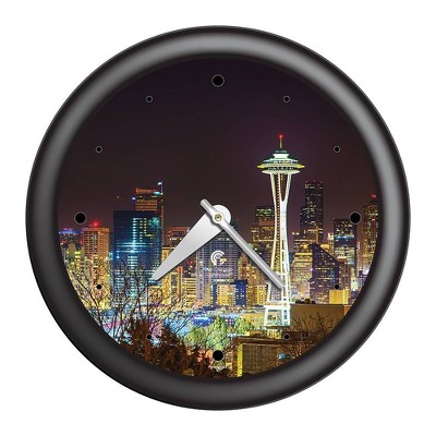 14" x 1.8" Seattle Skyline Quartz Movement Decorative Wall Clock Black Frame - By Chicago Lighthouse