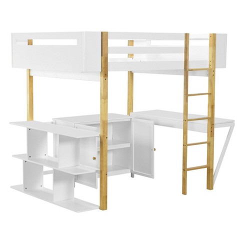 Twin/Full Size Loft Bed Solid Wood Loft Bed Frame With Foldable Desk High Bedframe With Guardrails Built-in Storage Cabinet Cubes Shelves For Kids - image 1 of 4