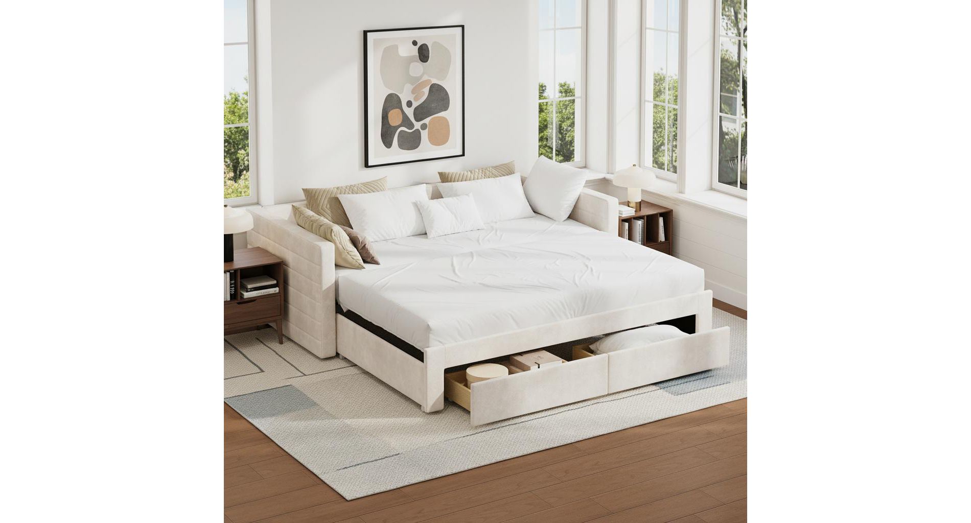 Polibi Twin to King Upholstered Extendable Daybed with Storage Drawers