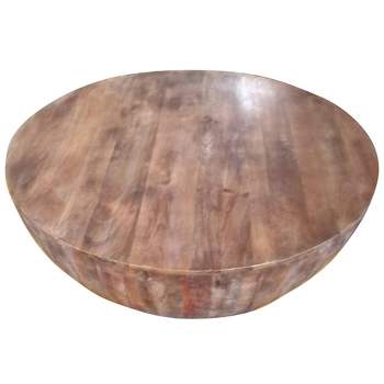 Handcarved Drum Shape Round Top Mango Wood Distressed Wooden Coffee Table Brown - The Urban Port