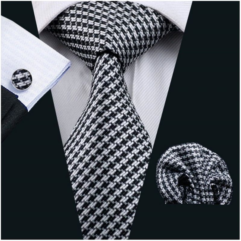 Men's Black And White Houndstooth Plaid 100% Silk Neck Tie With Matching Hanky And Cufflinks Set, 2 of 5