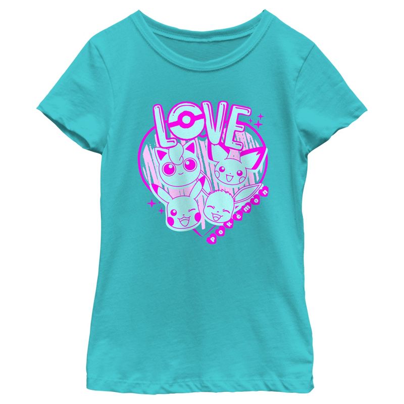 Girl's Pokemon Love Heart Neon T-Shirt, 1 of 5