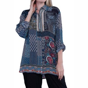 Women's Patchwork Print Button Up Tunic Top - Shana Apparel - 1 of 1