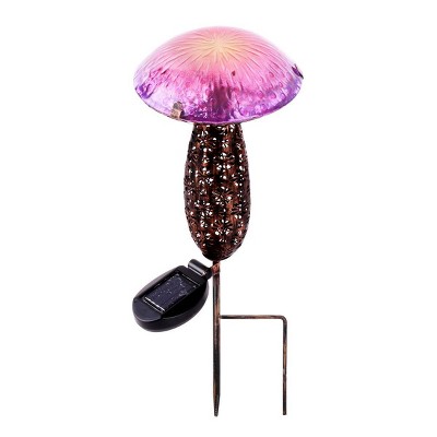 Metal and Glass Solar LED Powered Mushroom Garden Stake Pink - Hi-Line Gift