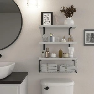 Racxily Bathroom Shelf Over Toilet, Floating Bathroom Shelf Wall Mounted with Wire Basket, Floating Shelf for Wall D¨¦cor,White - 1 of 4
