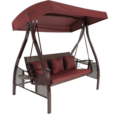 Sunnydaze Outdoor Deluxe 3-Person Patio Swing with Tilting Canopy Shade, Cushions and Side Tables, Maroon