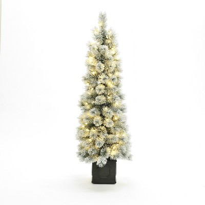 LuxenHome 4.5Ft Pre-Lit Snow-Flocked Artificial Tree Potted Green