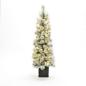 LuxenHome 4.5Ft Pre-Lit Snow-Flocked Artificial Tree Potted Green - 1 of 4