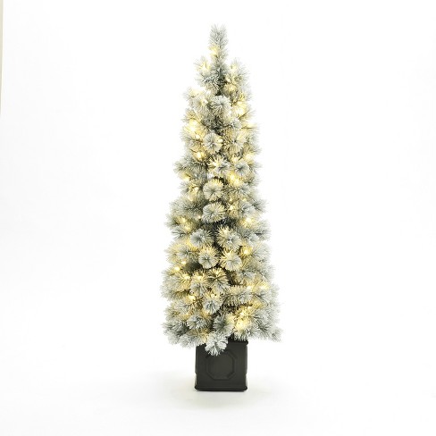 LuxenHome 4.5Ft Pre-Lit Snow-Flocked Artificial Tree Potted Green - image 1 of 4