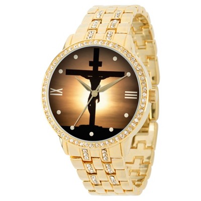 Men's eWatchfactory Jesus Cross Round Bracelet Watch - Gold
