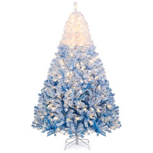 Costway 7 FT Artificial Christmas Tree with 350 Warm White LED Lights, 8 Lighting Modes & Folding Metal Stand White & Blue - 1 of 4