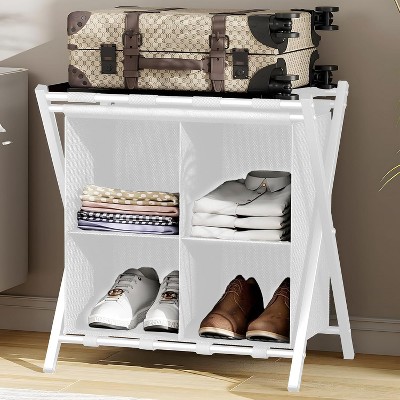 Heybly Luggage Rack for Guest Room, Set of 2, Folding Suitcase Stand with Fabric Storage Shelf
