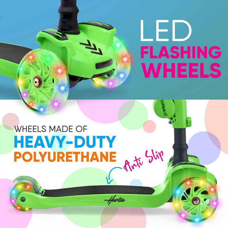 Hurtle ScootKid 3 Wheel Toddler Child Mini Ride On Toy Tricycle Scooter with Adjustable Handlebar, Foldable Seat, and LED Light Up Wheels, Green, 4 of 6