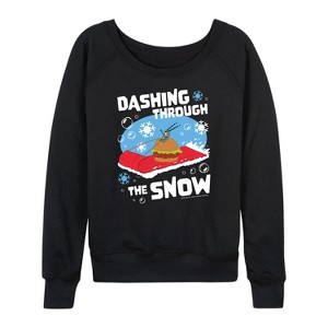 Women's - SpongeBob SquarePants - Dashing Through The Snow Lightweight French Terry Wide Neck Long Sleeve Shirt - 1 of 4
