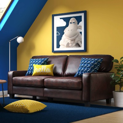 Kingston Chestnut Brown Faux Leather 78" Sofa with Pillow-Top Arms