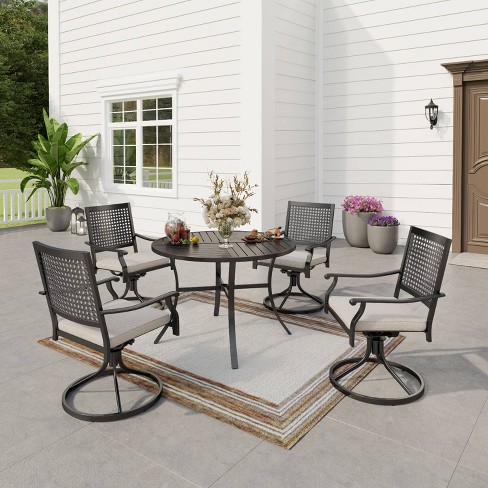 5pc Outdoor Dining Set With Swivel Chairs With Cushions & Round Metal ...