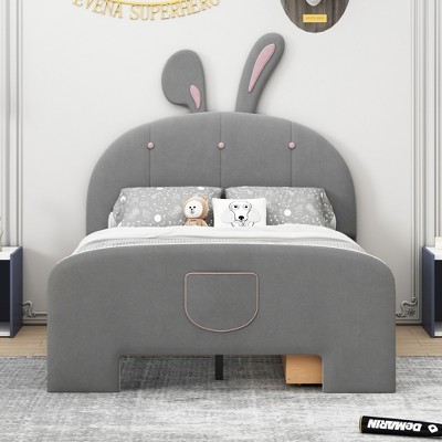 Whisen Velvet Platform Bed with Rabbit-Shaped Headboard, Drawers and Storage Pocket