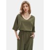 EXLURA Women's 2025 Summer Jumpsuits Casual Dressy One Piece Deep V Neck Batwing Short Sleeve Wrap Waist Romper with Pockets - 3 of 4
