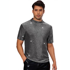 Lars Amadeus Men's Mock Neck Short Sleeve Metallic Party Glitter T-Shirts - 1 of 4